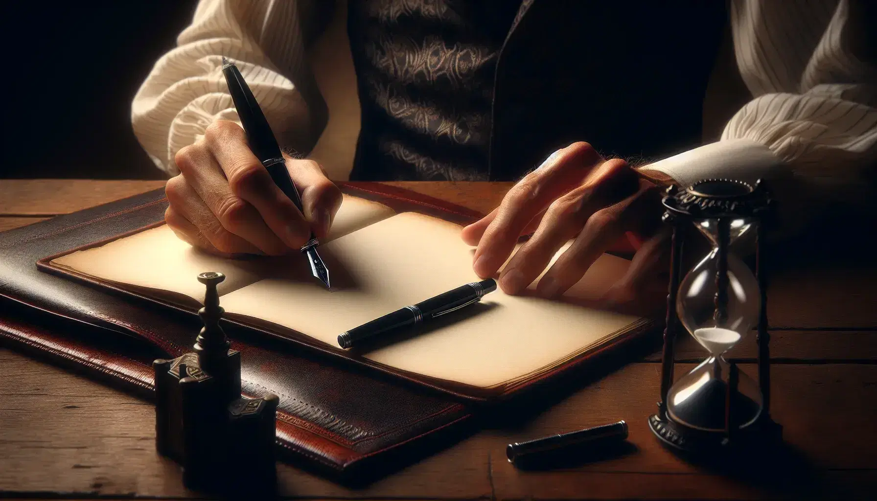 Close-up of hands poised to write with a fountain pen on a blank leather journal beside an hourglass on a wooden desk.