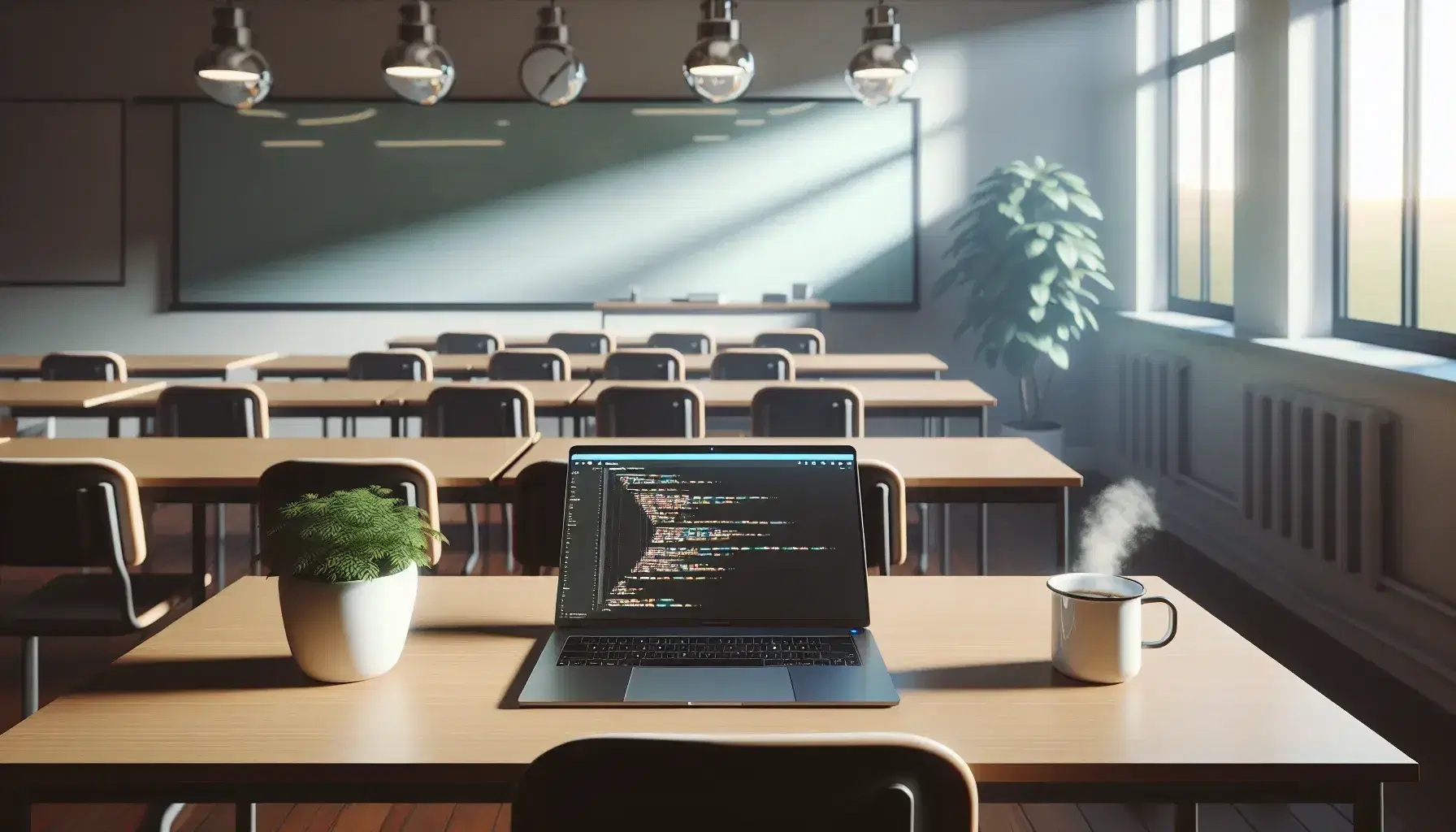 Modern classroom with silver laptop on wooden desk, cup of steaming coffee, glass whiteboard and empty desks illuminated by natural light.