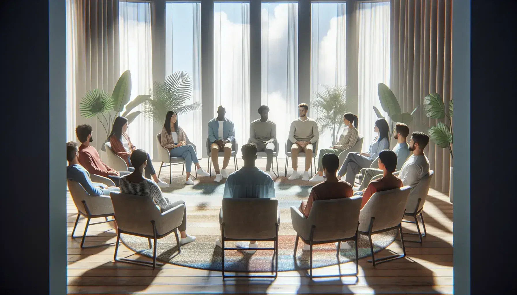 Group therapy session with eight different people sitting in a circle, quiet environment with natural light and green plants.