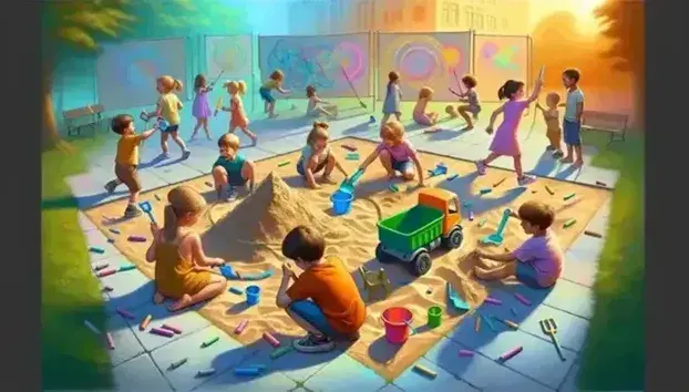 Bambini giocano in parco soleggiato: costruzione castello di sabbia, gioco 'red light, green light', disegno con gessetti colorati e altalena.