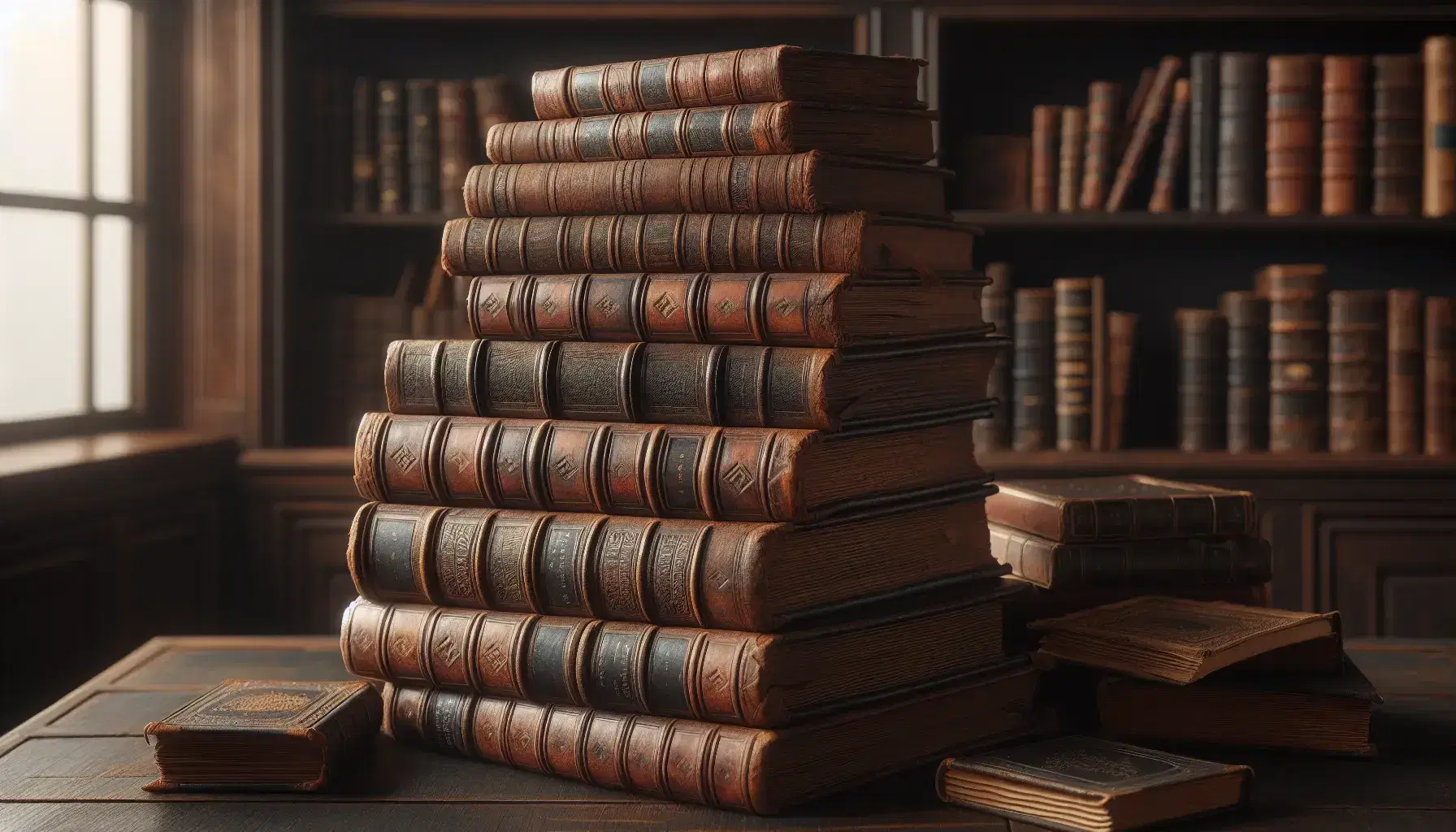 Pila de libros antiguos con tapas de cuero desgastadas sobre mesa de madera oscura, con estante borroso al fondo y luz cálida resaltando texturas y relieves.