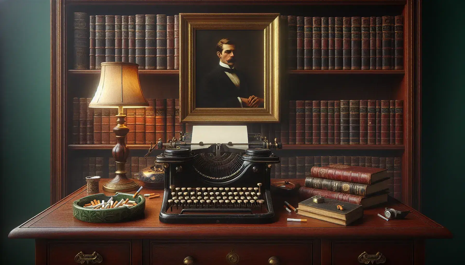 Scrivania antica in legno scuro con macchina da scrivere nera e tasti avorio, posacenere con mozziconi e libreria con libri rilegati.