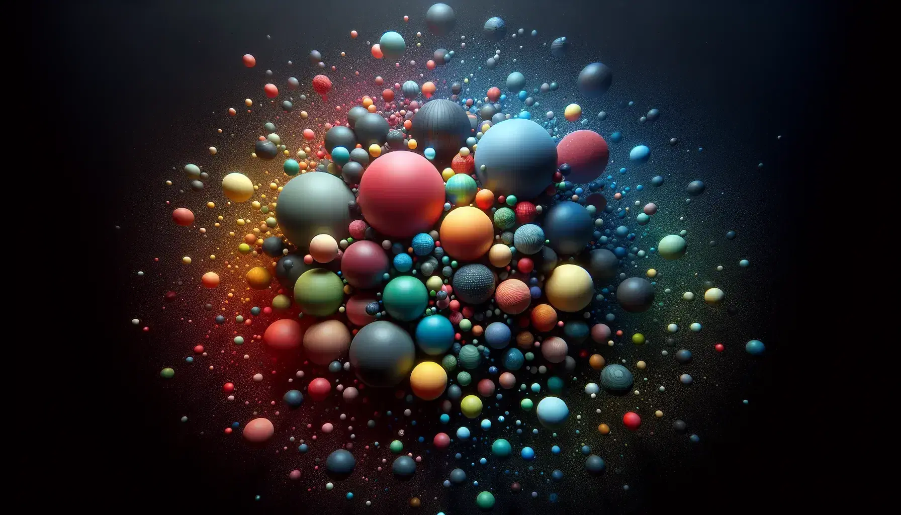 Sfere colorate sospese nello spazio su sfondo nero, con luci e ombre che creano profondità e tridimensionalità.