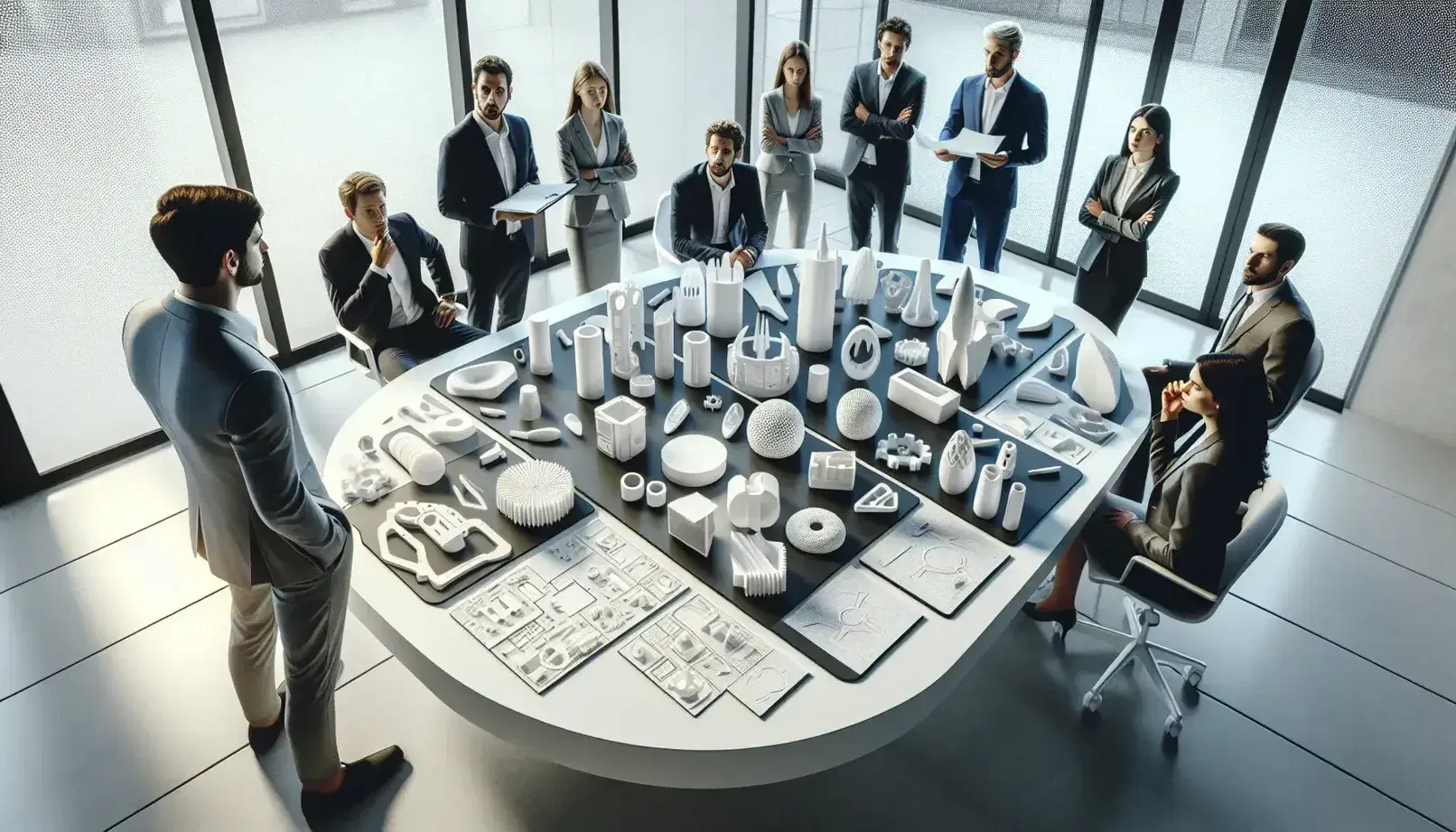 Diverse team collaborates around a table with product prototypes and design sketches in a bright office overlooking a cityscape.