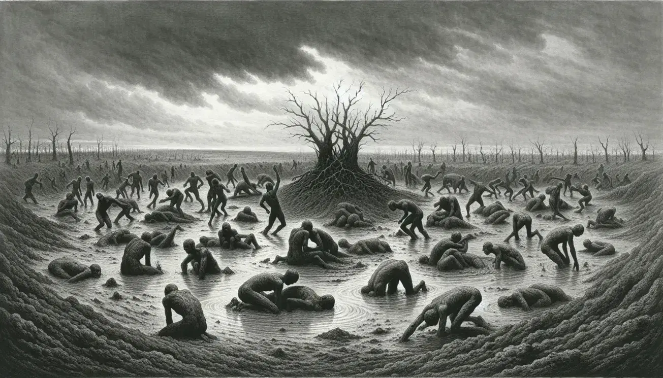 Paesaggio desolato con figure umane sfocate e piegate nel fango, albero spoglio a sinistra e maiale che si rotola a destra sotto cielo grigio.