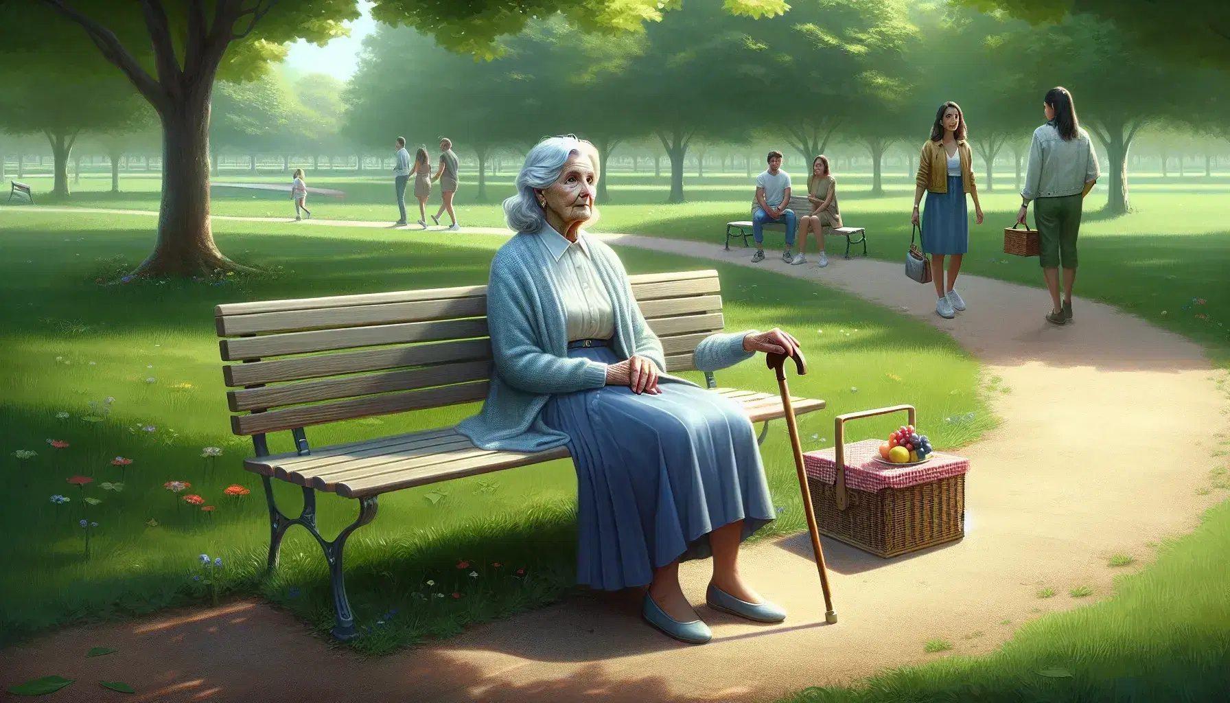 Elderly woman sitting on a park bench with a cane and picnic basket, surrounded by diverse people enjoying outdoor activities on a sunny day.