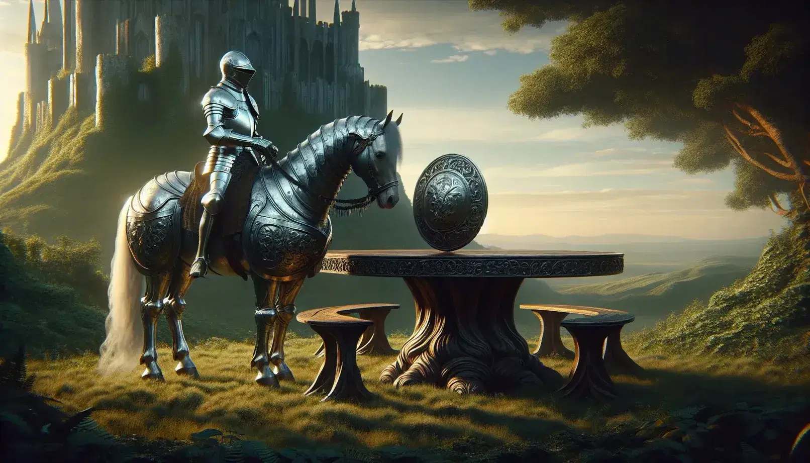 Knight in shining armor on white horse before a round table and castle in a twilight-lit, verdant Arthurian landscape.
