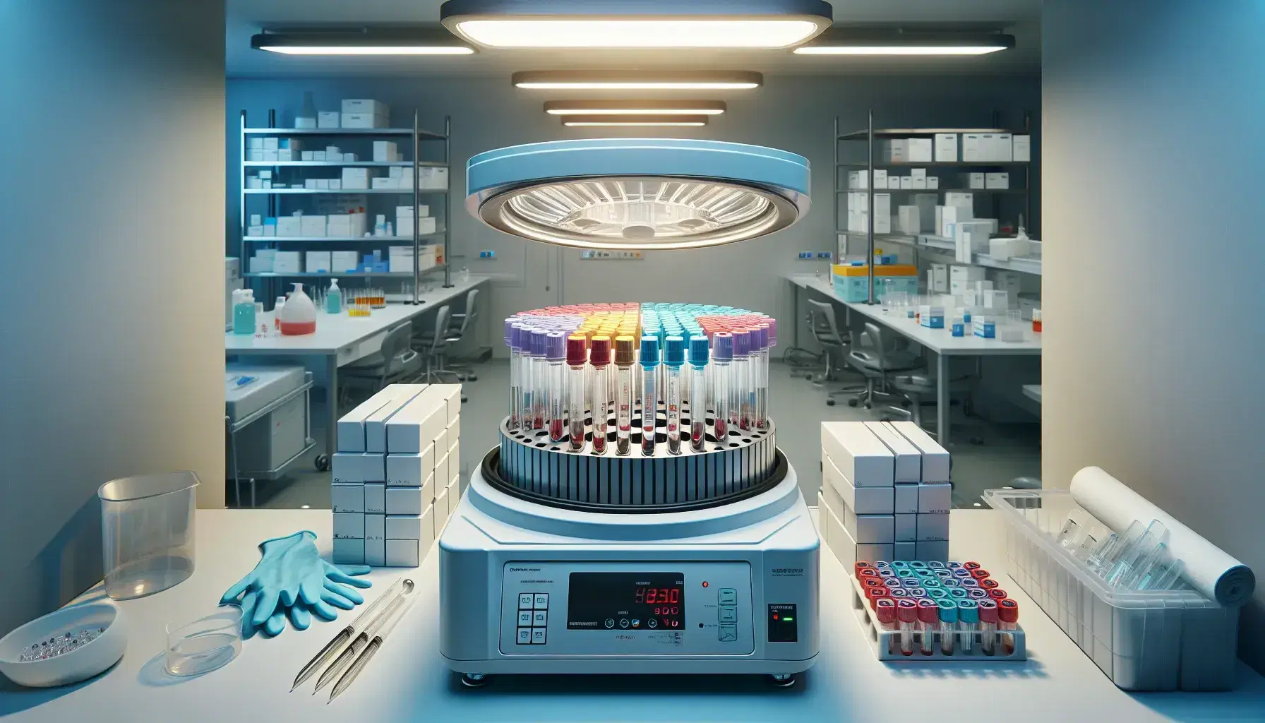 Laboratorio clínico moderno con centrifugadora abierta y tubos de ensayo con líquidos de distintos colores, estantes con suministros y superficies blancas.