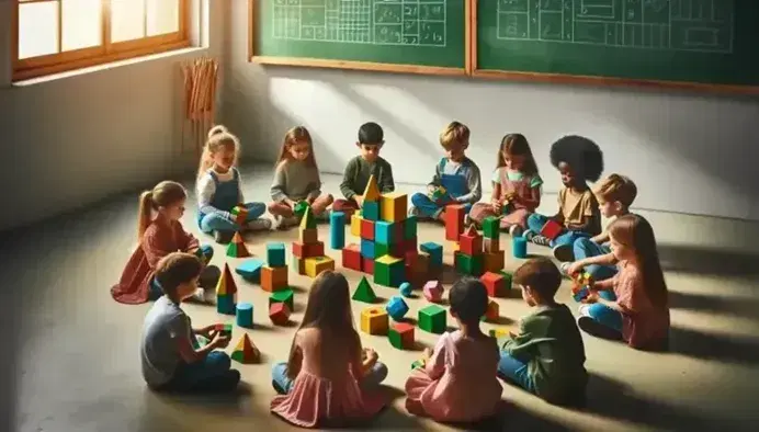 Niños de diversas etnias sentados en semicírculo en un aula escolar, jugando con bloques geométricos de madera coloridos bajo la luz natural de una ventana.
