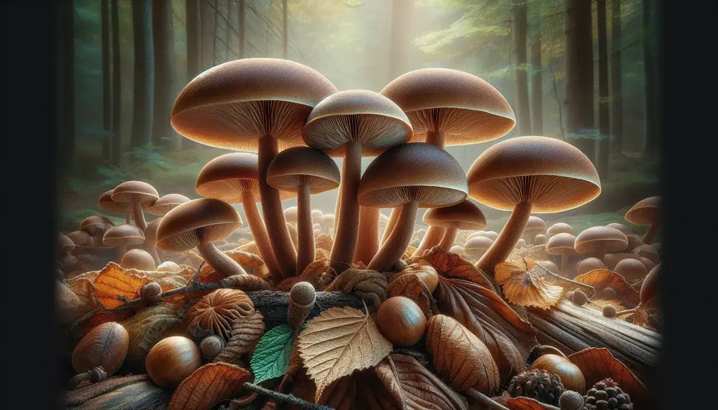 Close-up of wild brown mushrooms with smooth caps and fibrous stems, surrounded by autumn leaf litter on a forest floor.