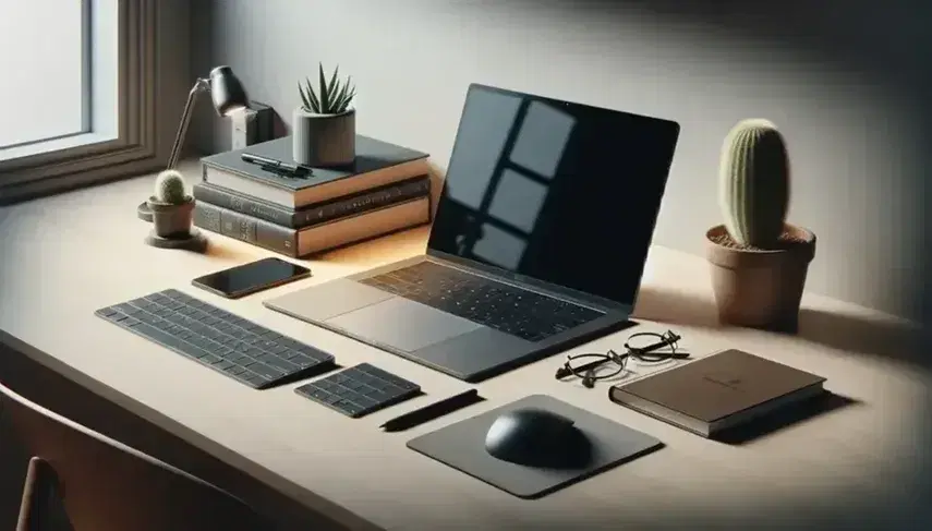 Scrivania in legno chiaro con laptop acceso, libro blu aperto, cactus, monitor spento, tastiera e mouse wireless, occhiali e penna stilografica.
