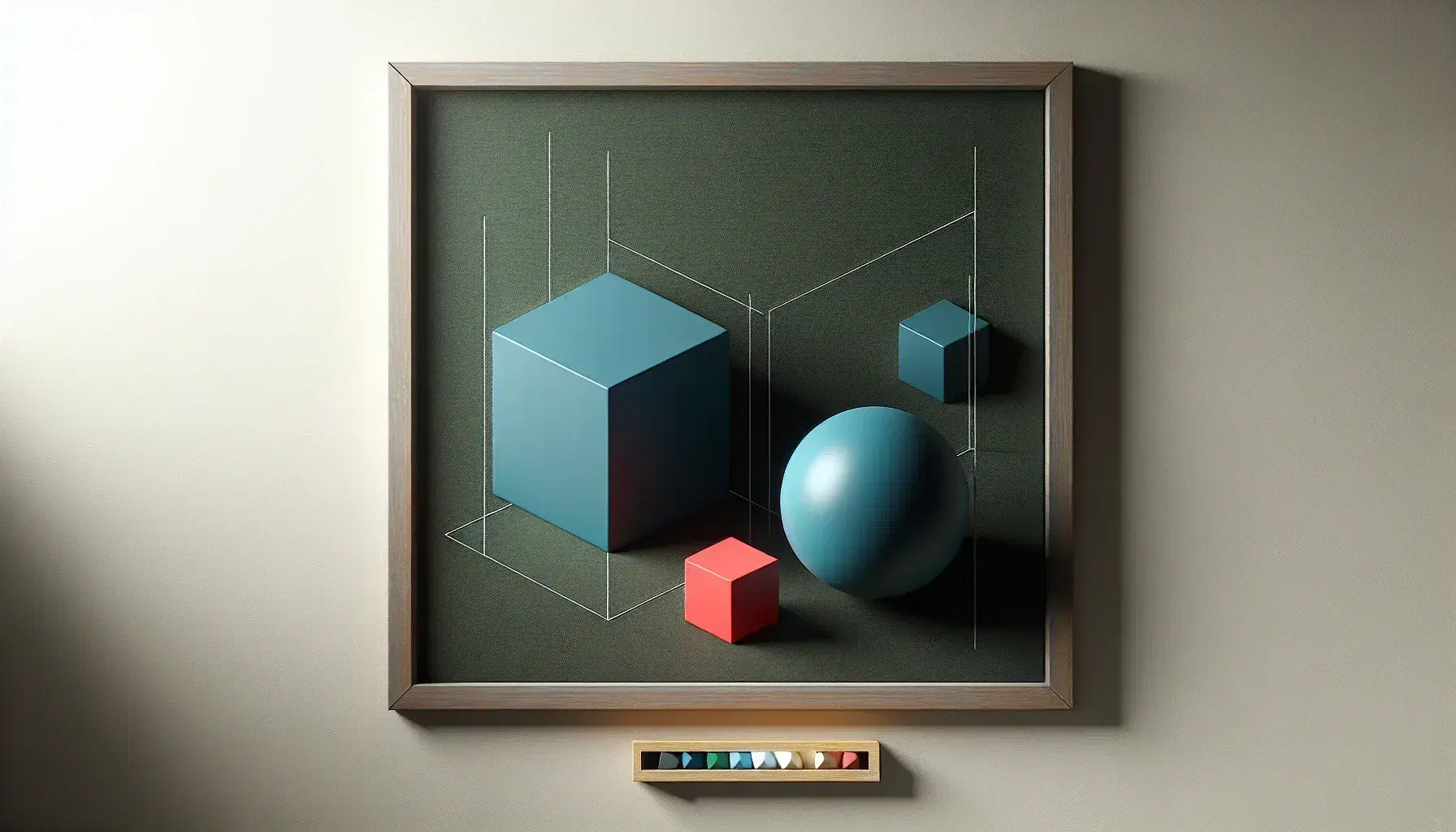 Pizarra verde oscuro con figuras geométricas, un cubo azul y una esfera roja, junto a tizas de colores y un borrador de fieltro.