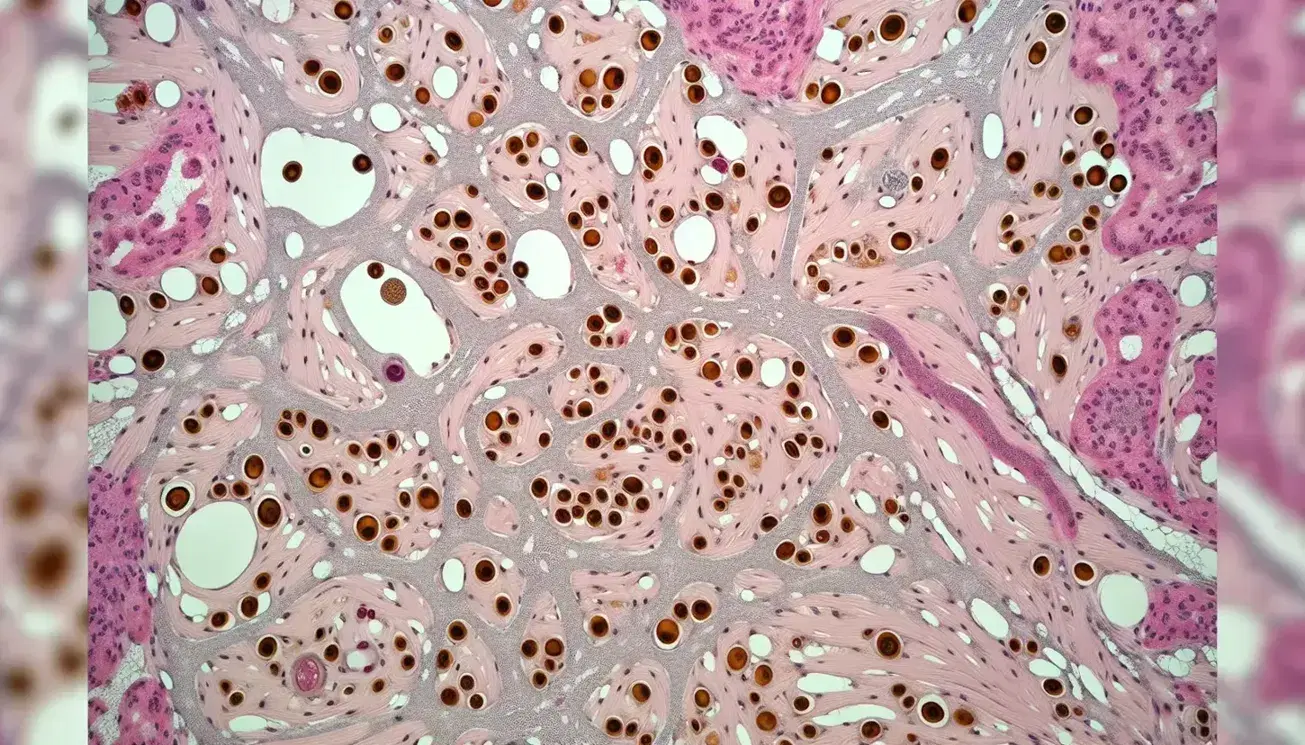 Vista microscópica de tejido conectivo teñido mostrando células con núcleos oscuros, matriz extracelular rosa pálido y fibras de colágeno entrecruzadas.