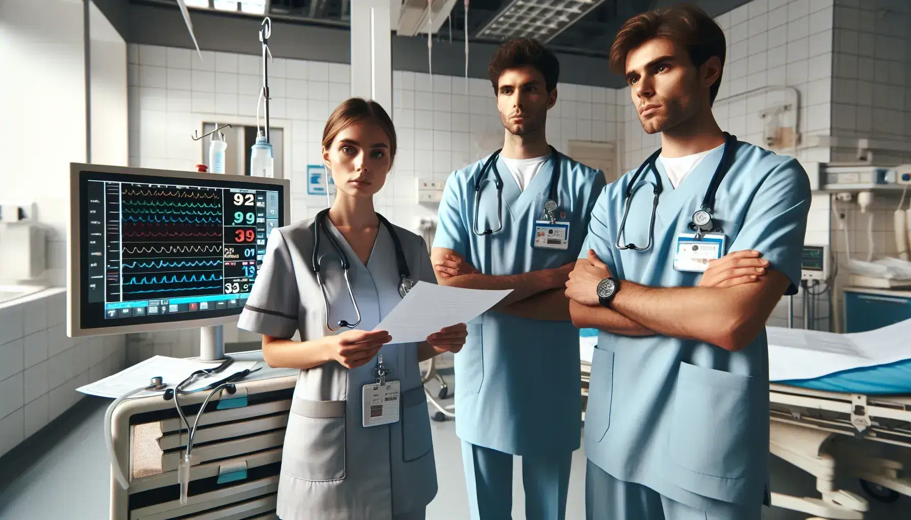 Grupo de enfermeros en hospital con batas azules, uno con estetoscopio y otro revisando monitor de signos vitales, junto a mesa con suministros médicos.