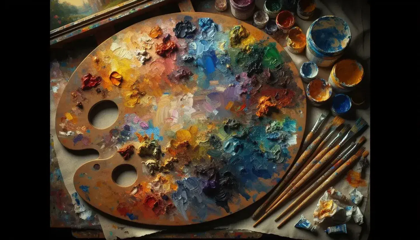 Tavolozza ovale con tracce di colori vivaci e pennelli assortiti, tela parzialmente dipinta e cavalletto con scena classica sullo sfondo.