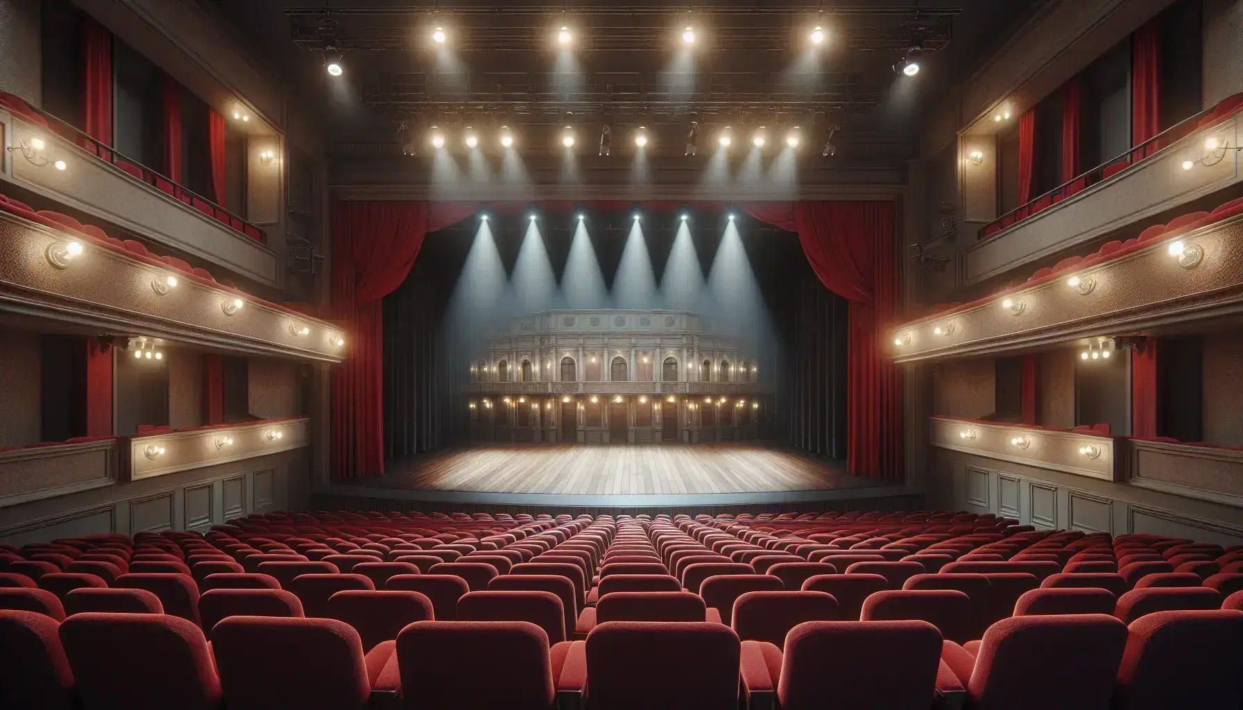 Escenario de teatro vacío con asientos de terciopelo rojo, cortinas a juego y un decorado que simula una fachada clásica, iluminado por luces de techo.