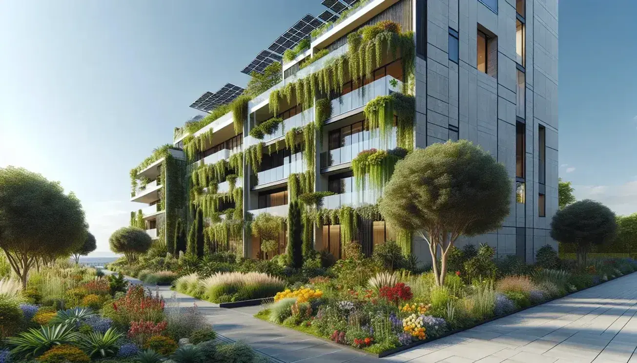 Edificio moderno con ventanas de cristal y paneles solares en el techo, vegetación trepadora en la fachada y jardín colorido en primer plano bajo un cielo azul despejado.