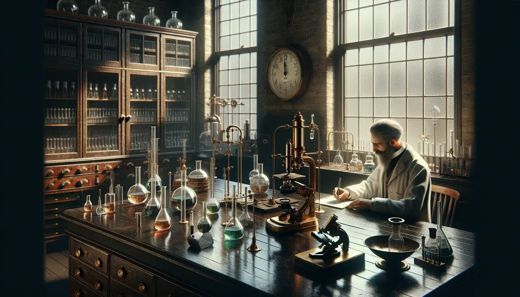 Laboratorio scientifico vittoriano con strumenti come microscopi e becher, uomo barbuto in camice scrive note, luce naturale crea ombre.