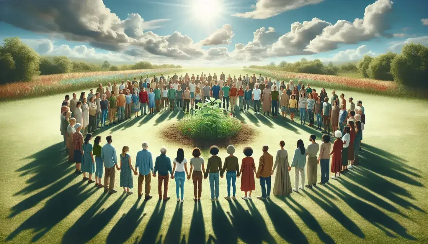 Grupo diverso unido en círculo al aire libre, plantando un árbol en un día soleado, simbolizando cooperación y cuidado ambiental.