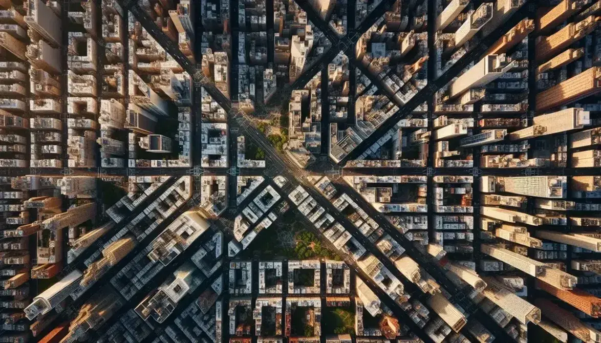 Vista aérea de ciudad densamente poblada con calles entrecruzadas, edificios de distintas alturas y áreas verdes periféricas, bajo un juego de luces y sombras.