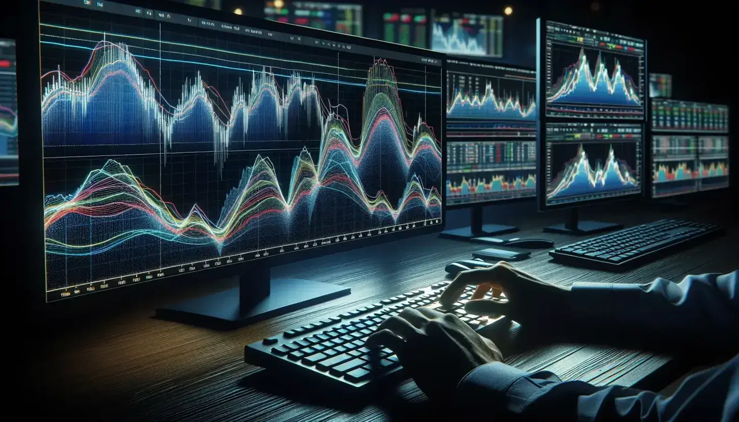 Schermi di monitor con grafici finanziari in tempo reale in una sala di trading, mani di un operatore sulla tastiera, atmosfera professionale.