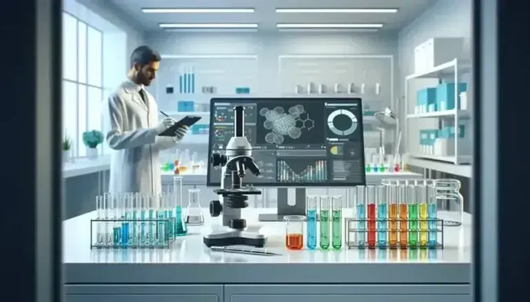 Laboratorio de investigación moderno con tubos de ensayo de colores, microscopio electrónico y científico analizando datos en una tablet.
