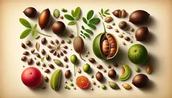 Semillas y frutos en diferentes etapas de crecimiento, con una semilla marrón abierta al centro, plántulas verdes y frutas variadas sobre fondo neutro.
