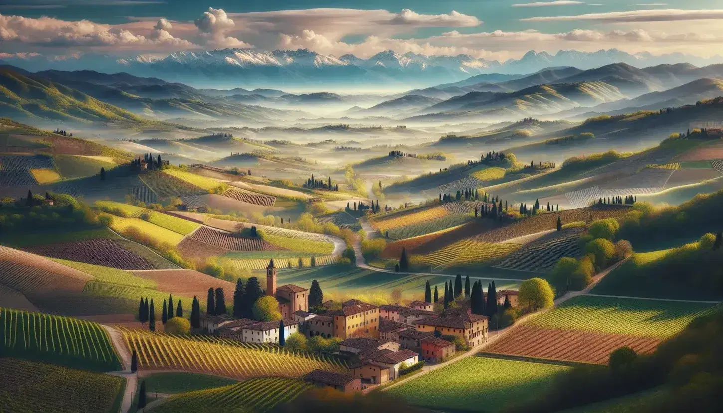 Panorama primaverile delle colline venete con campi verdi, paese con tetti in terracotta, montagne innevate sullo sfondo e persone con cani in passeggiata.