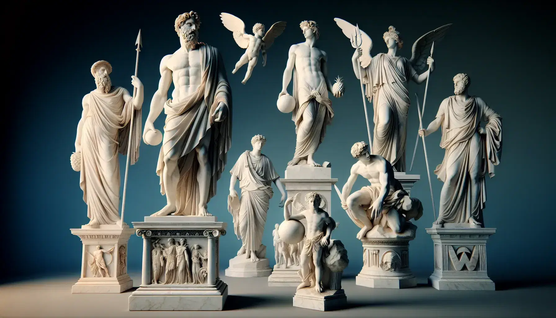 Estatuas de mármol blanco de figuras mitológicas griegas, incluyendo a Zeus con un rayo, Hera con una granada, Hermes alado y Poseidón en su trono.