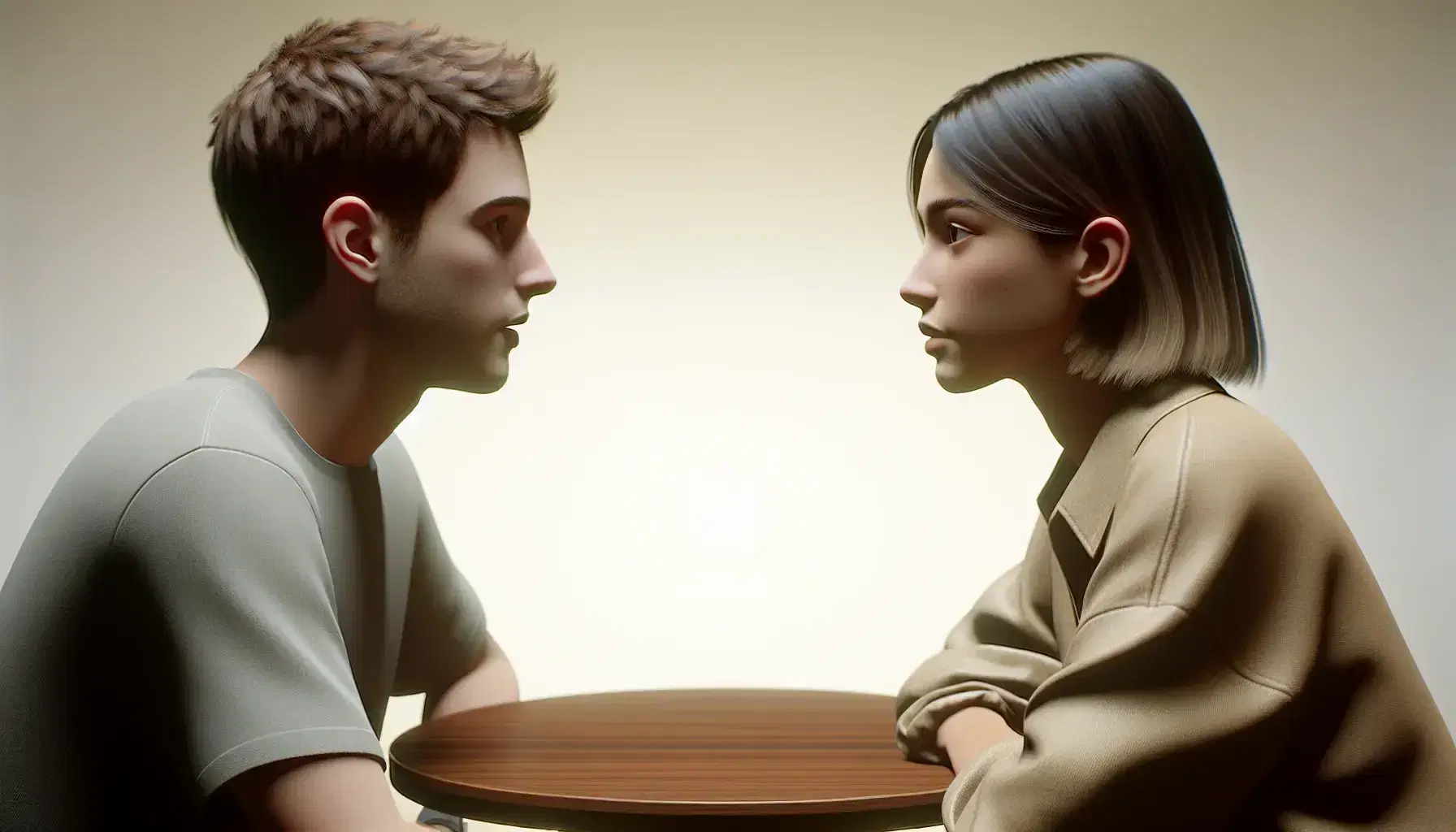 Primer plano de dos personas sentadas frente a frente en conversación, una hablando y la otra escuchando atentamente, en un entorno tranquilo y difuminado.