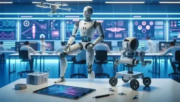 Robot antropomorfo in laboratorio di ricerca con ingegnere, drone e dispositivi tecnologici su tavoli bianchi, illuminazione soffusa.