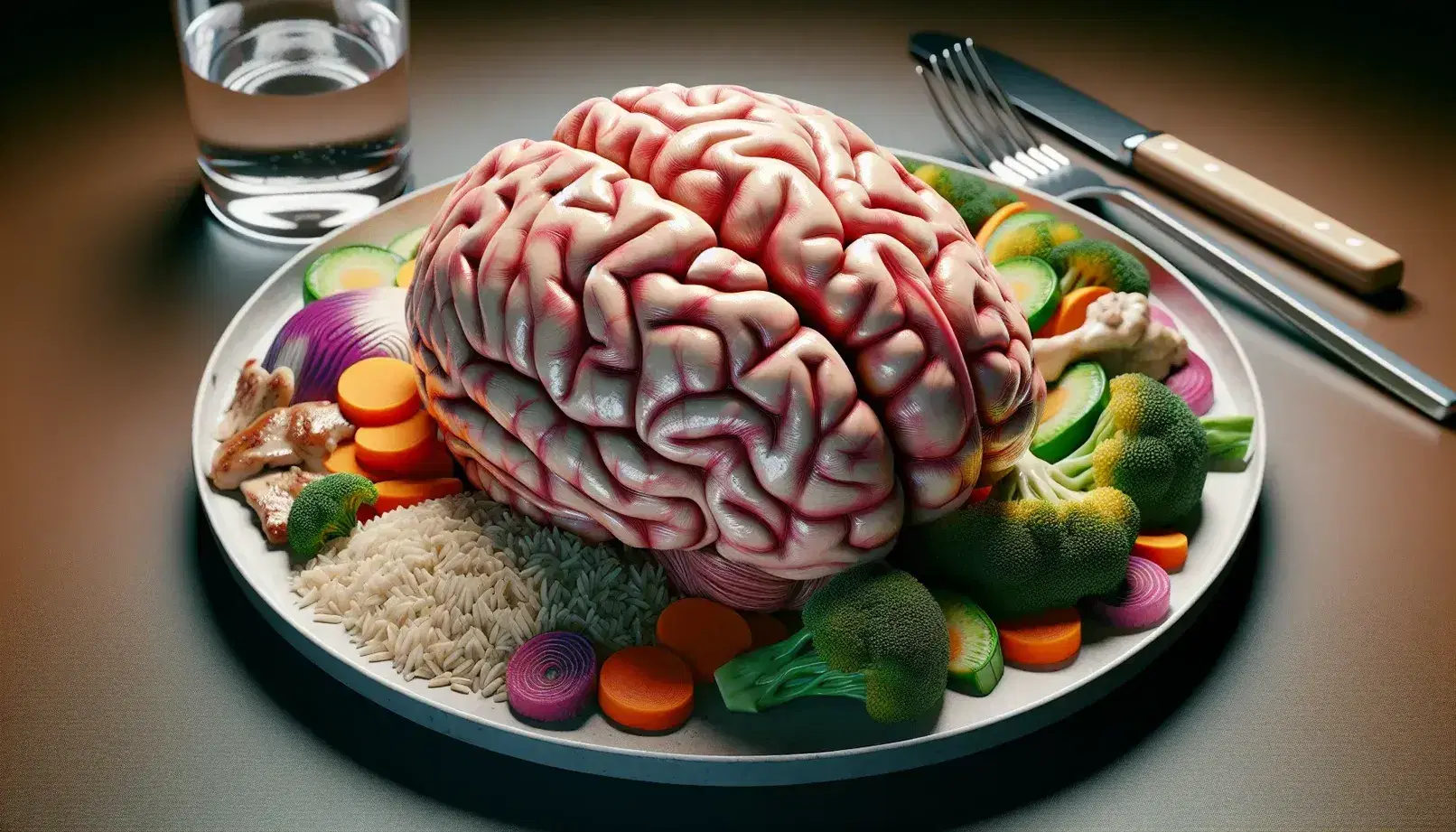 Detailed human brain model with healthy food, grilled chicken breast, brown rice and steamed vegetables on white plate, glass of water on the gradient background.