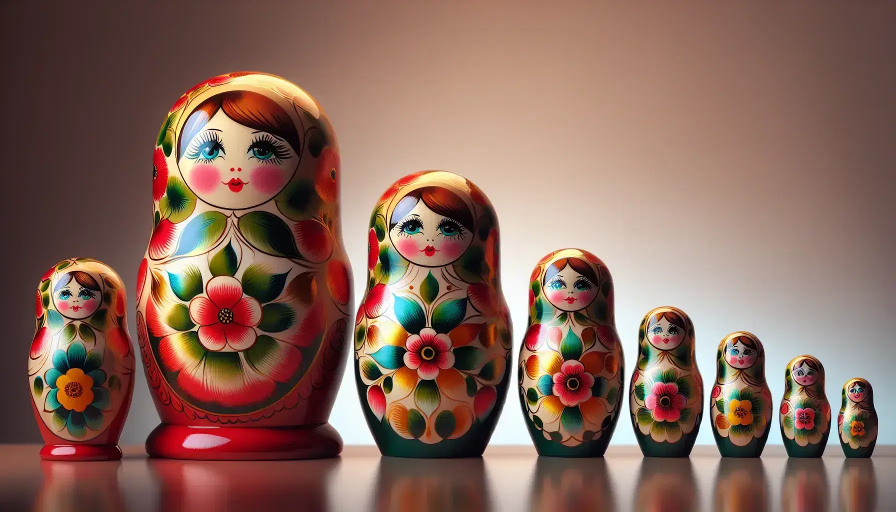 Set of Russian matryoshka dolls opened in succession with glossy finish and floral decorations, colors from red to orange on a gradient background.