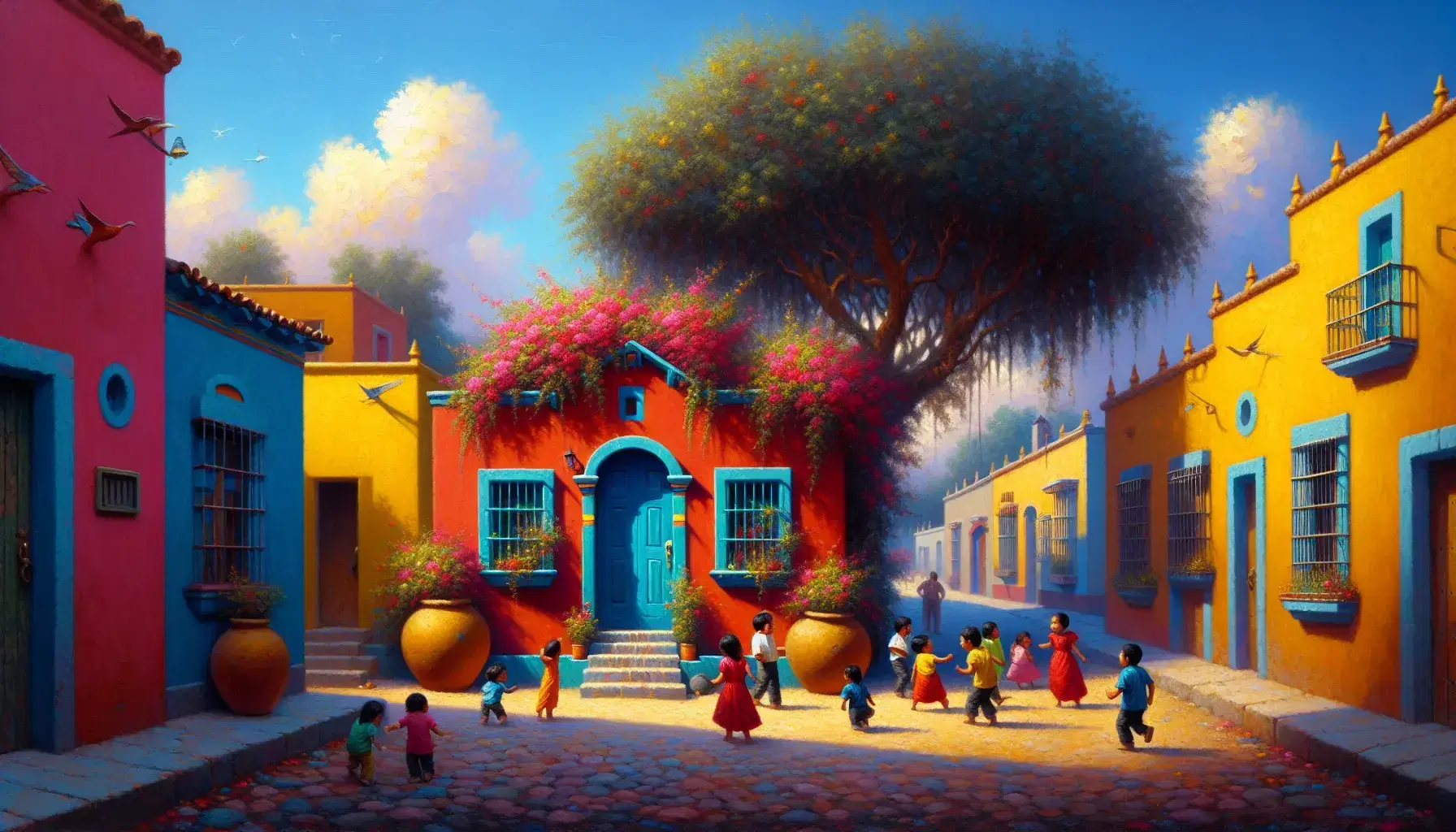Vibrant Mexican-American neighborhood scene with children playing by a terracotta house with a blue door and blooming bougainvillea.