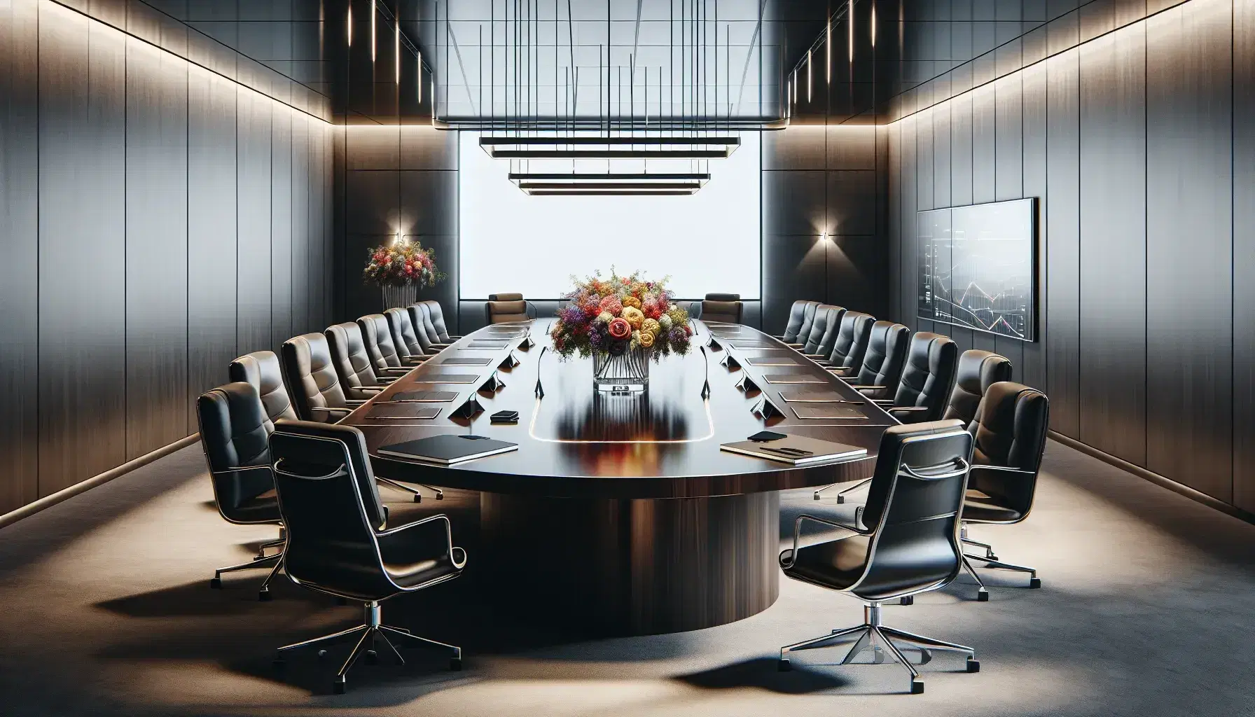 Modern boardroom with oval wooden table, high-back leather chairs, laptops, smartphones, and a vibrant flower centerpiece under soft ambient lighting.