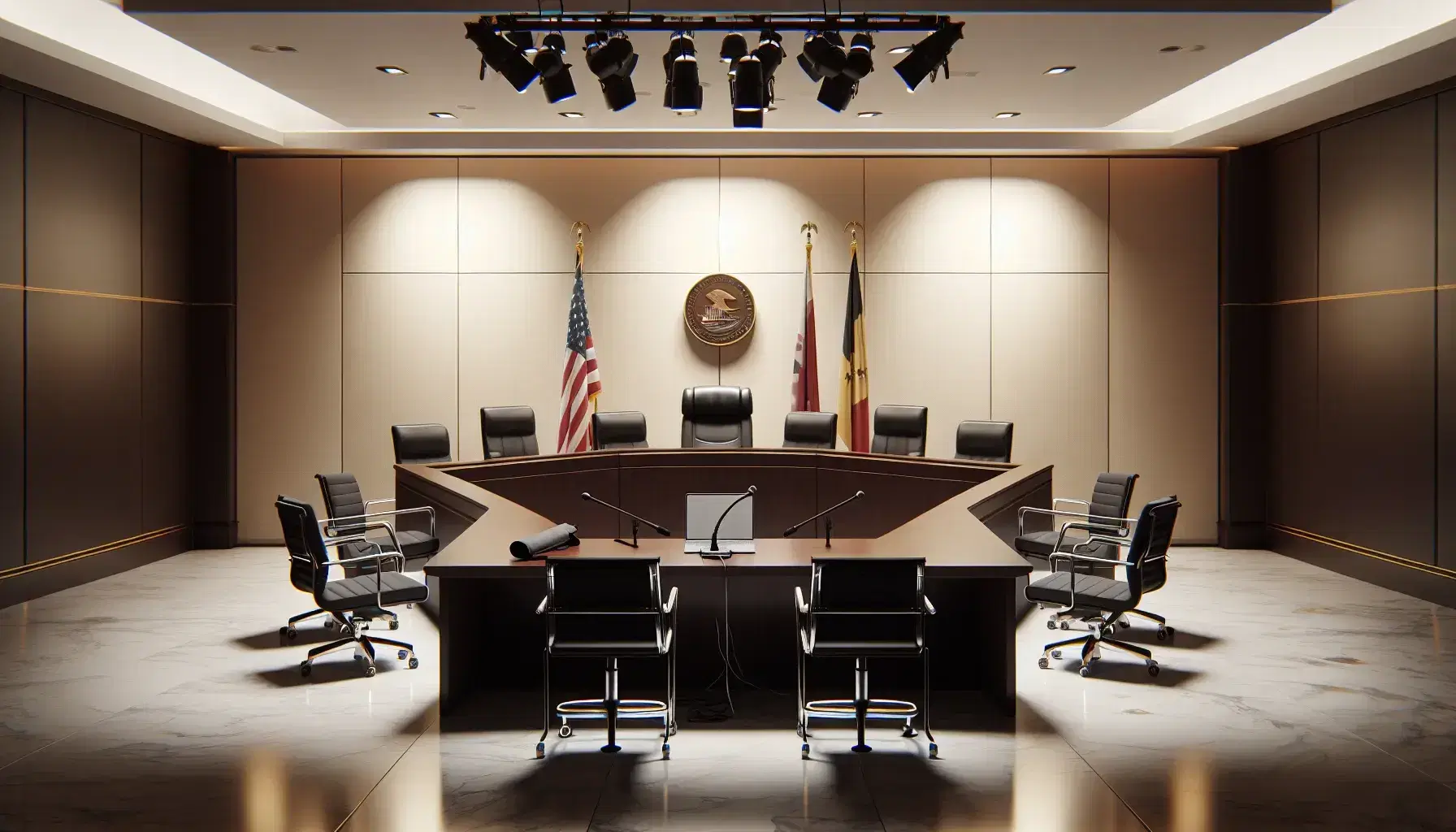 Sala de tribunal vacía con mesa en forma de U, silla elevada para el juez, micrófono, laptop cerrado y banderas roja y amarilla.