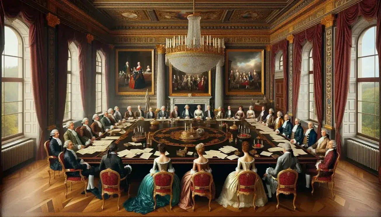 Sala elegante del XVIII secolo con tavolo ovale in legno scuro, documenti sigillati, figure in abiti d'epoca, dipinti, lampadario di cristallo e statua marmorea.