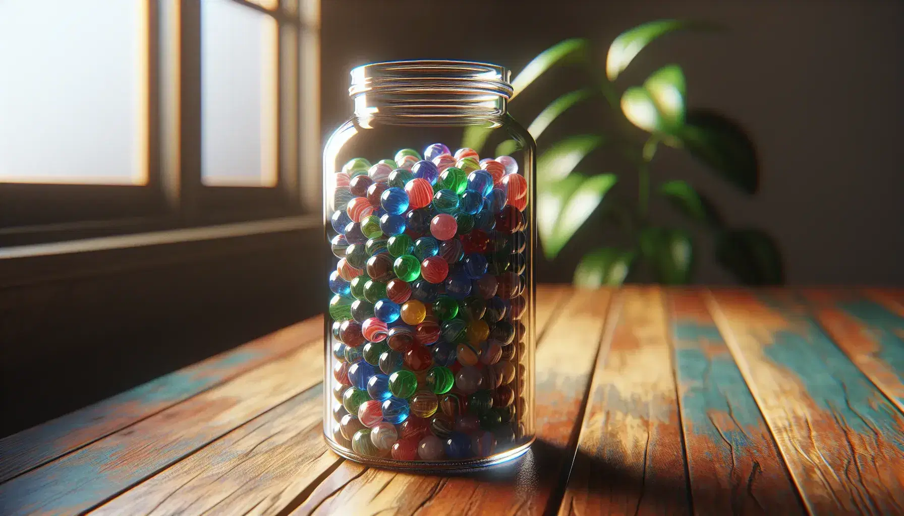 Transparent glass jar on wooden table with colorful marbles in shades of red, blue, green, yellow and purple, blurred background with green plant.