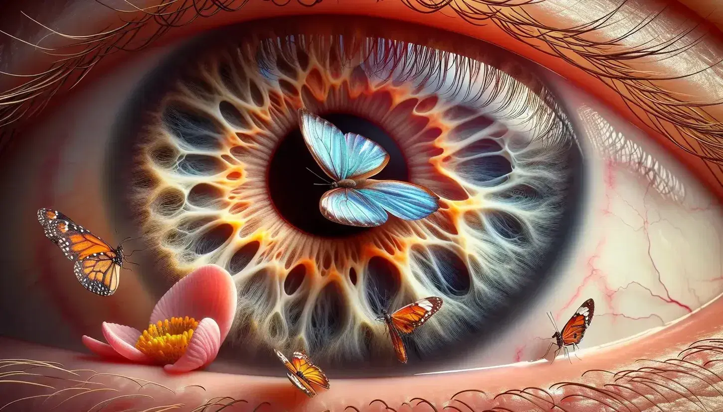 Close-up of a human eye with hazel and brown toned iris, black pupil and white sclera with blood vessels, butterfly on flower in blurred background.