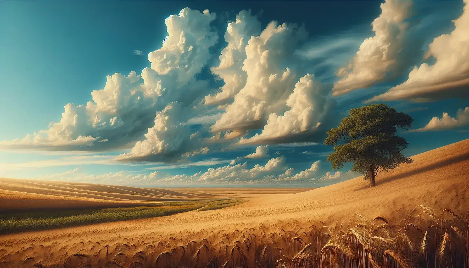 Campo di grano dorato sotto un cielo azzurro con nuvole bianche e un albero solitario sulla destra, colline sfumate all'orizzonte.