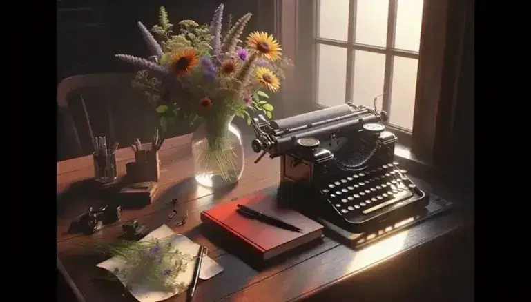 Scrivania in legno scuro con macchina da scrivere antica, vaso di fiori selvatici e quaderno rosso aperto, illuminati da luce naturale.