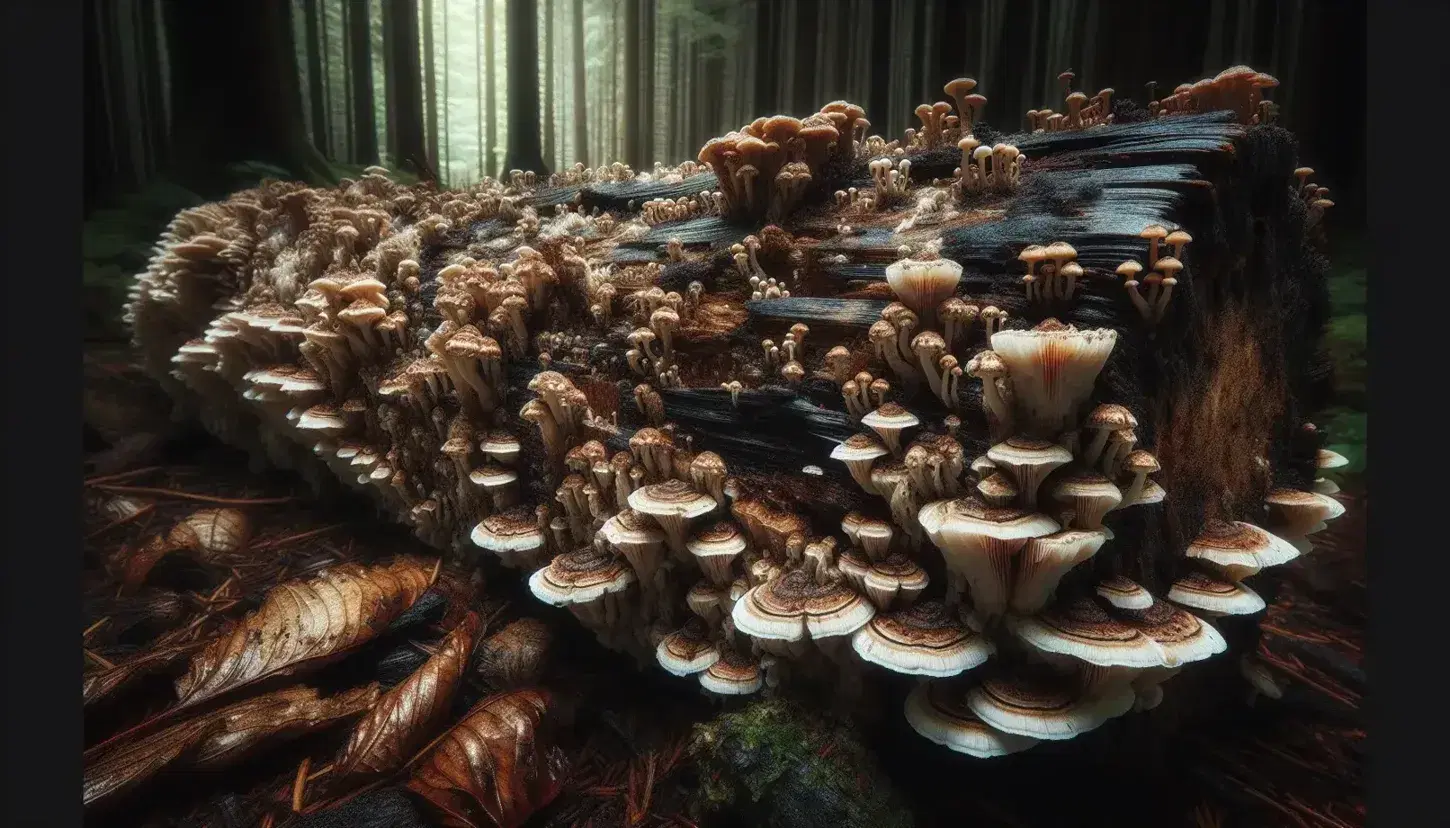 Close-up of decomposing tree trunk with clusters of white mushrooms and brown leaf-covered forest floor in the background.