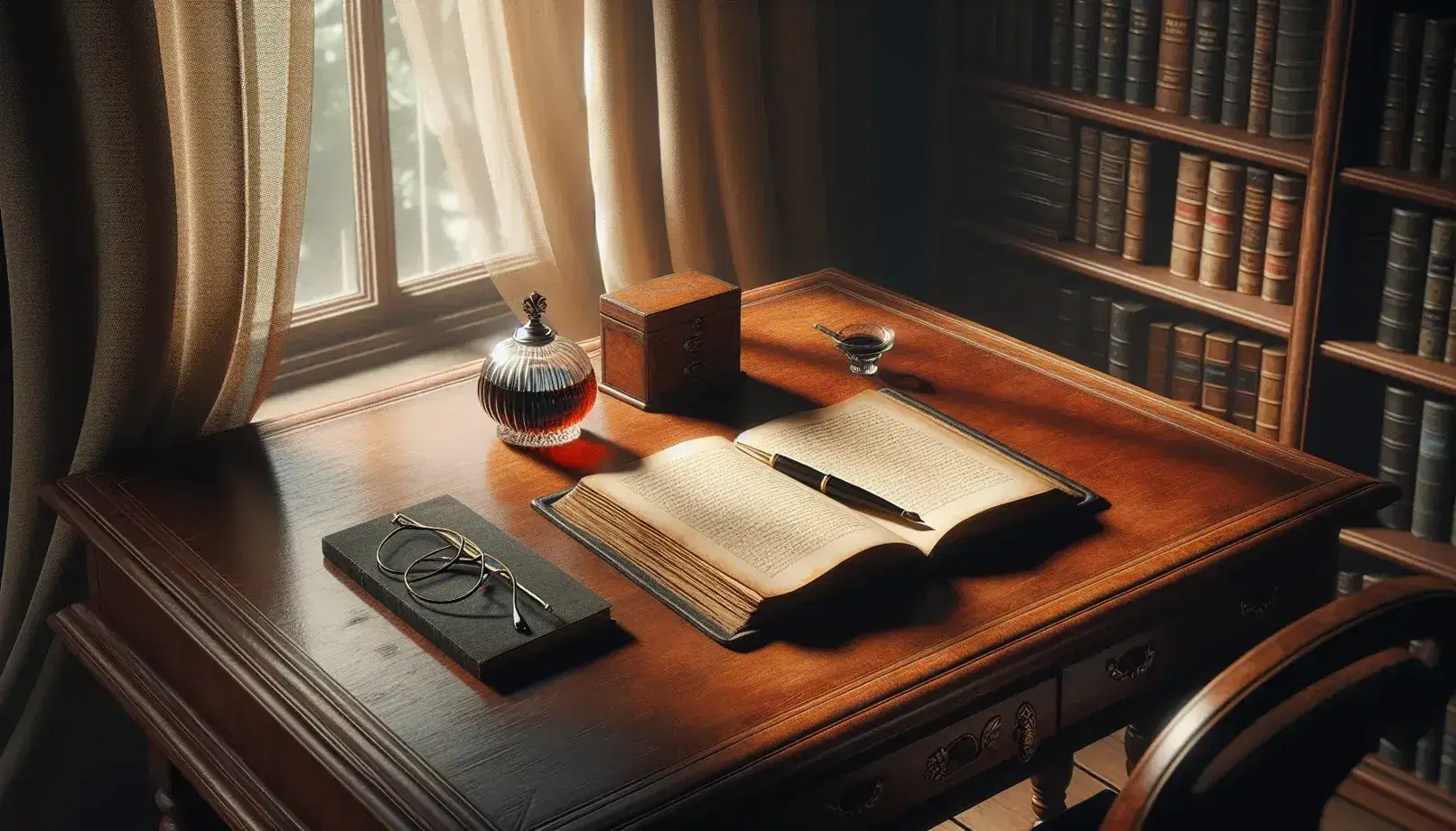 Vintage wooden desk with open leather-bound book, black fountain pen, glass inkwell, and wire-rimmed glasses in a softly lit room with bookshelf.
