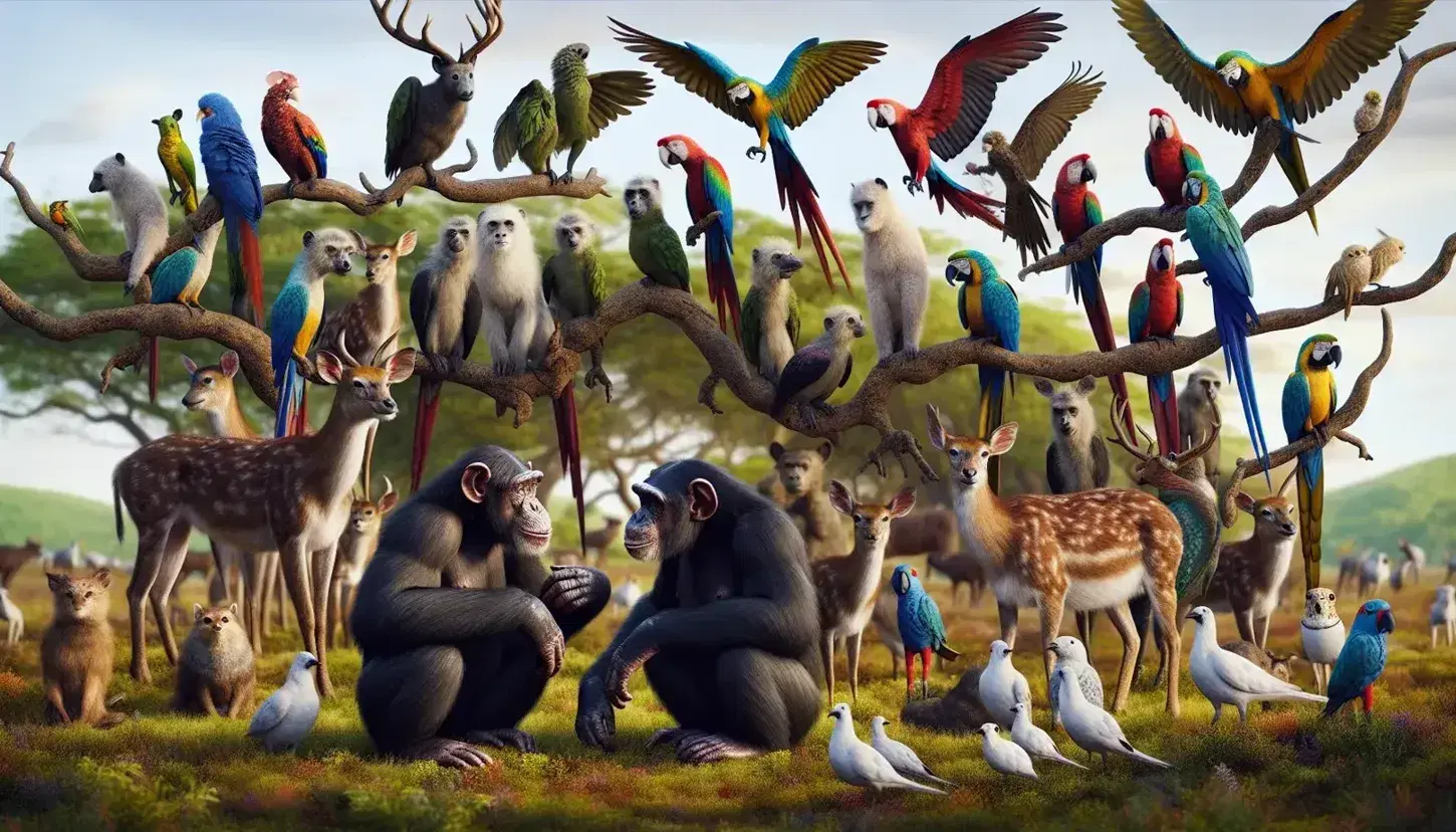 Pareja de chimpancés interactuando en primer plano, aves coloridas en ramas detrás y ciervos en un entorno natural soleado.