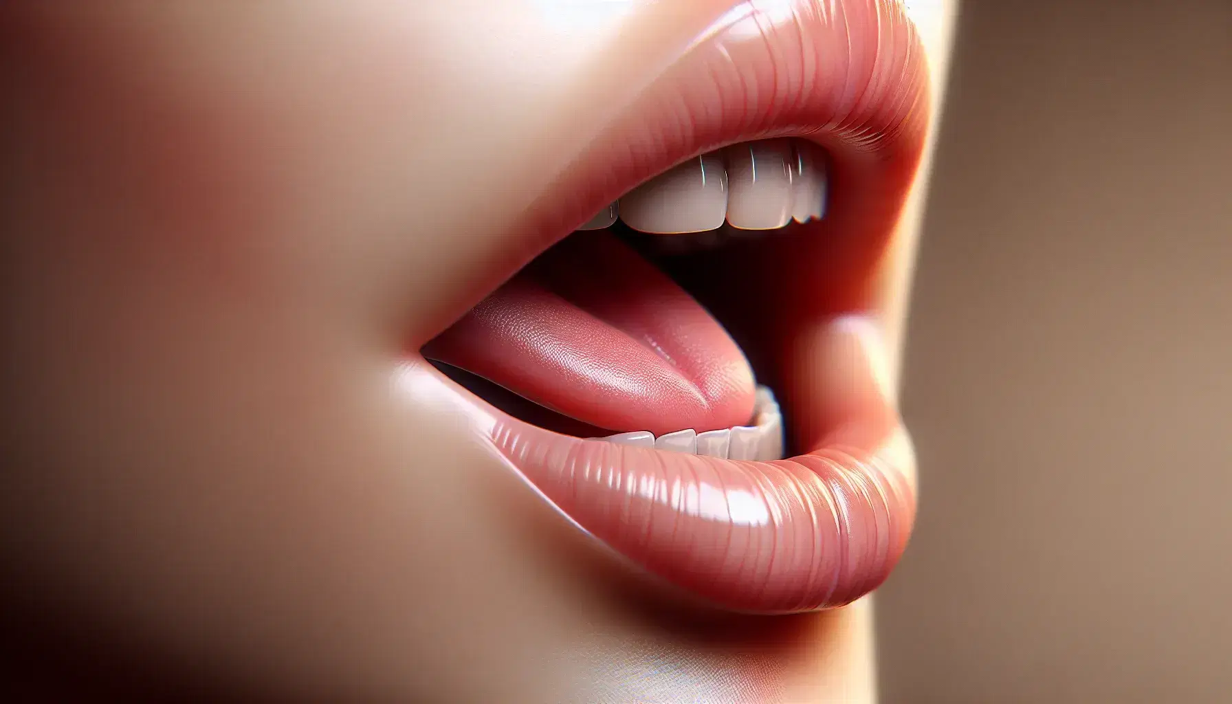 Close-up profile view of a human mouth with slightly parted lips, teeth clenched, and tongue touching upper teeth, ready for speech articulation.