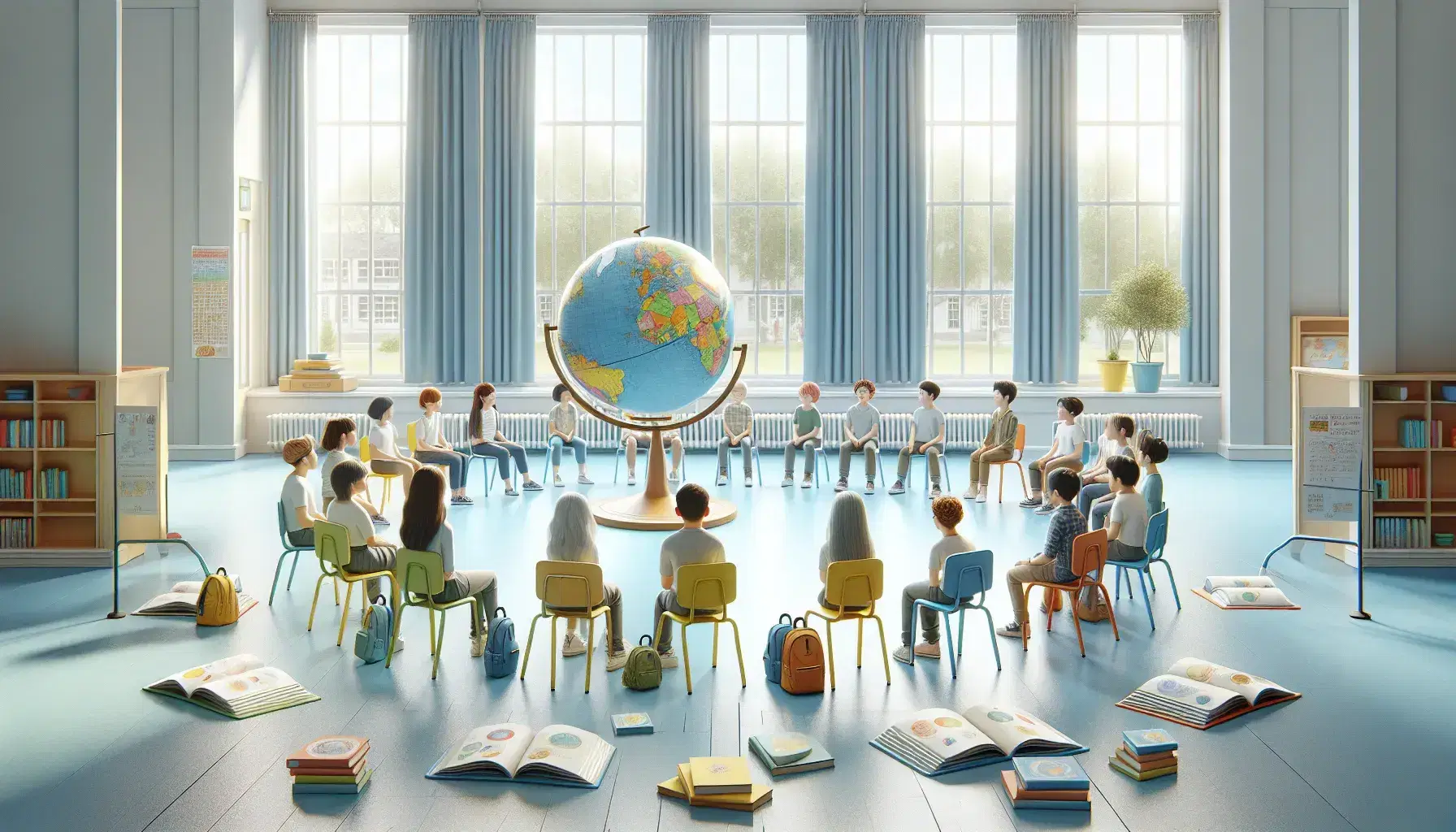 Studenti di varie età seduti in cerchio su sedie colorate in aula luminosa con globo terrestre al centro e libri sparsi sul pavimento.