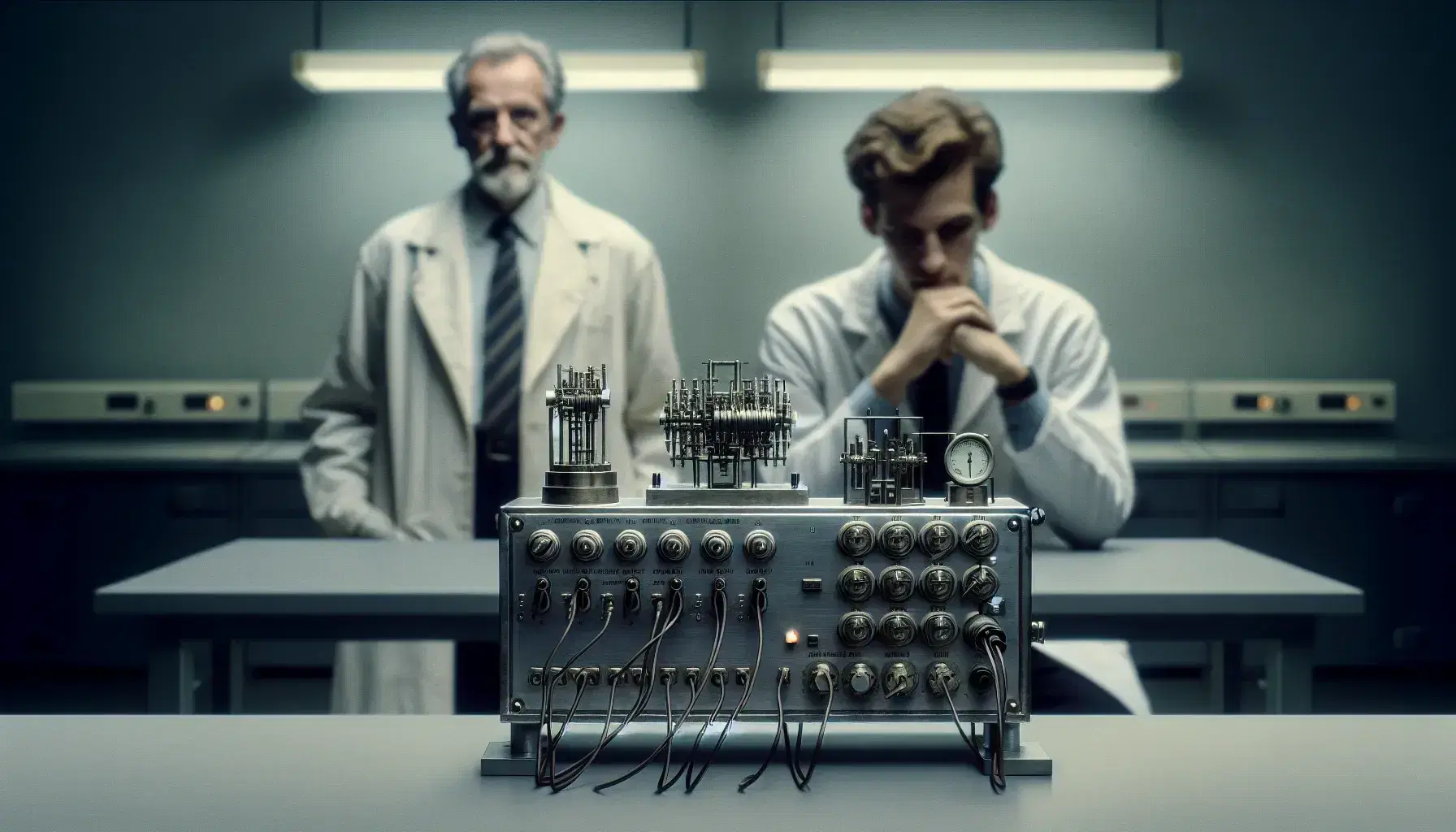Laboratory experiment with man sitting in front of equipment with switches and knobs and supervisor standing in white coat.