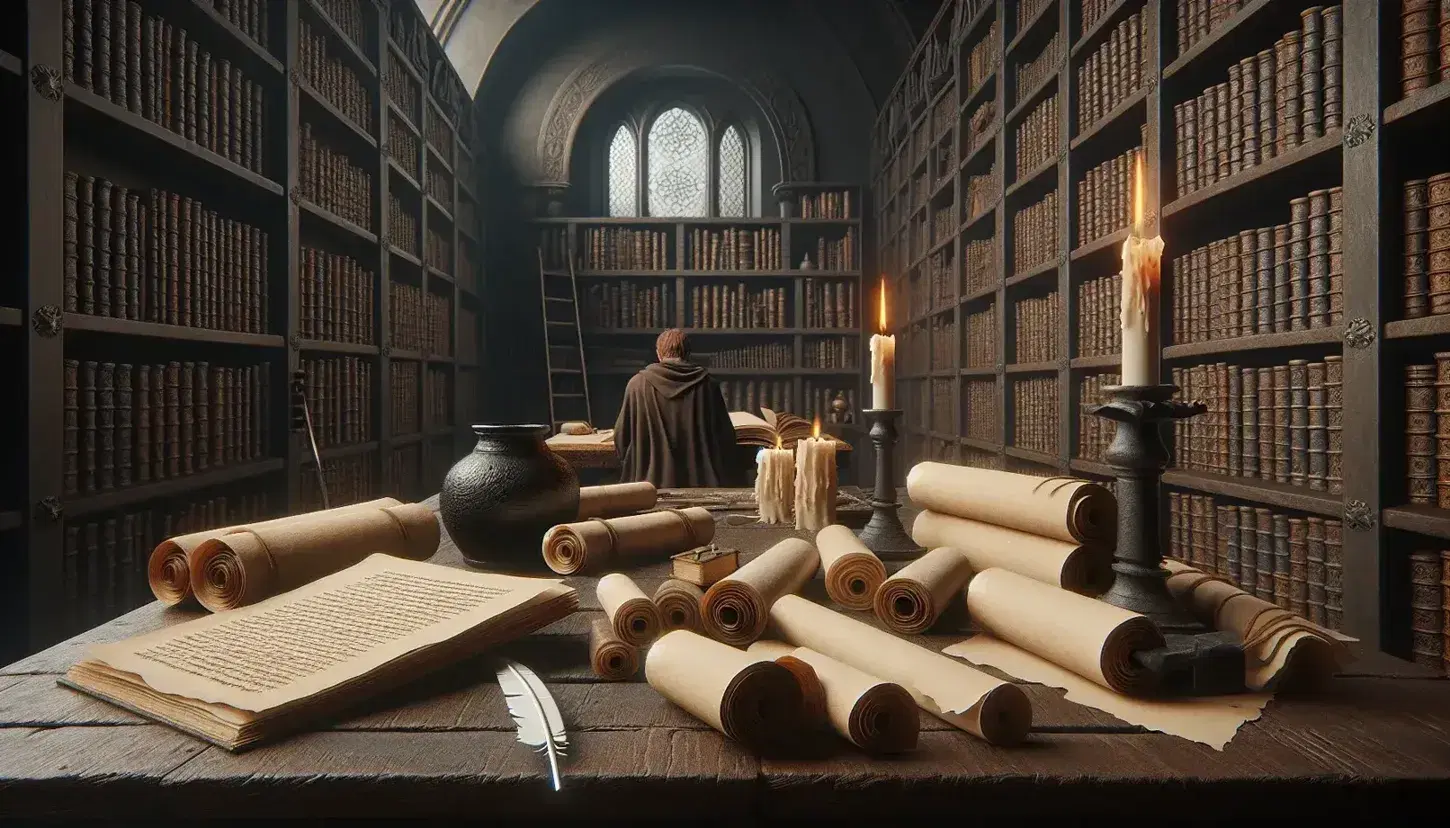 Scena antica biblioteca con tavolo in legno, pergamene, calamaio con penna, candela accesa e figura umana di spalle in tunico marrone.