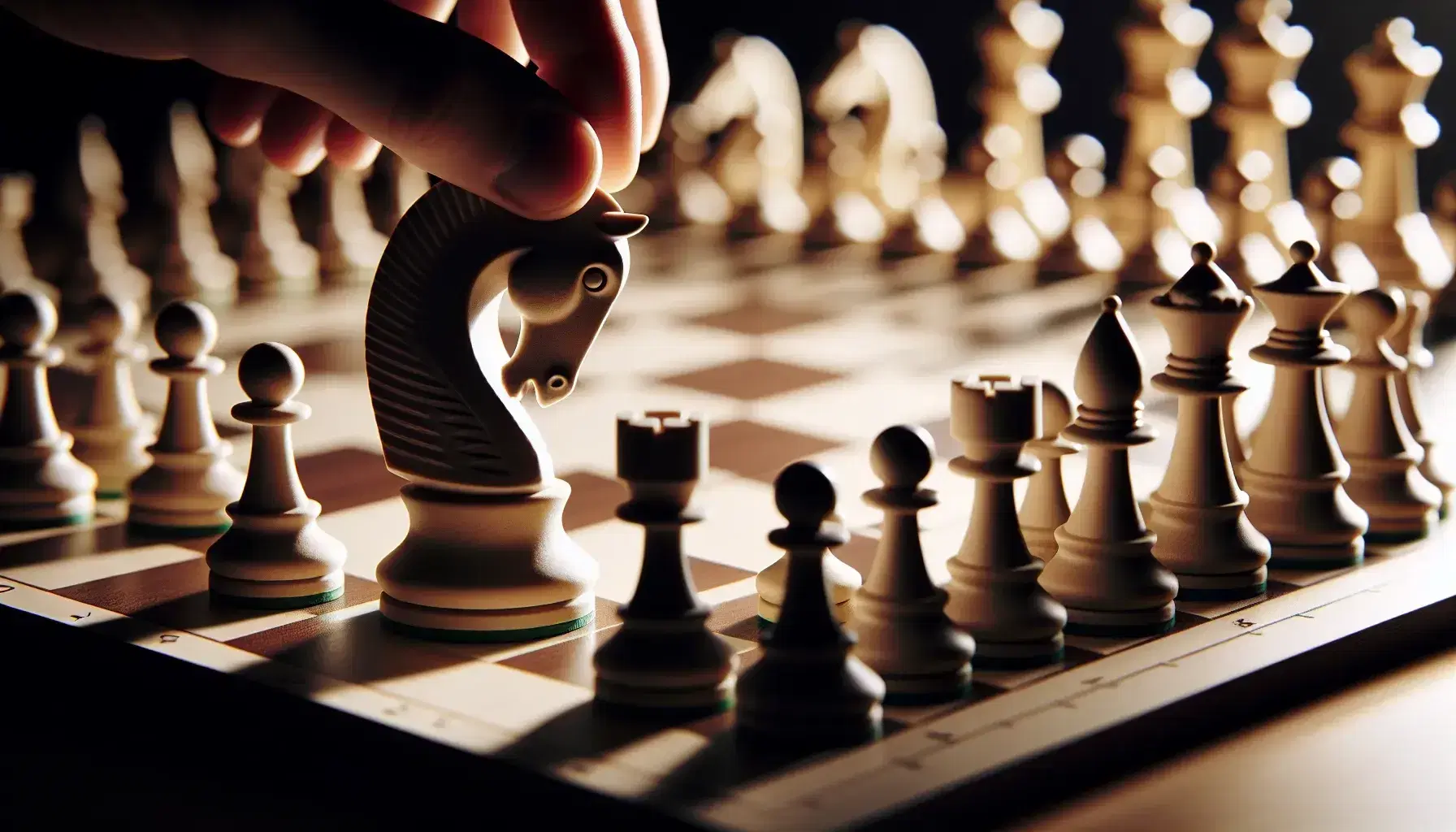 Mano sosteniendo pieza de caballo blanco sobre tablero de ajedrez con piezas alineadas en posición inicial, destacando la estrategia y concentración del juego.