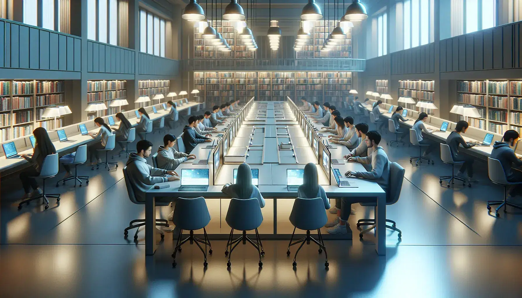 Tavolo rettangolare con laptop e studenti concentrati in biblioteca moderna, sedie ergonomiche, scaffali pieni di libri e pianta verde.